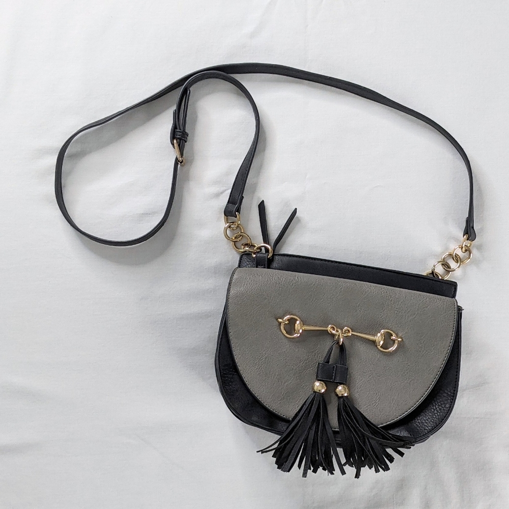 Leather Tassel Crossbody Bag in Gray and Black